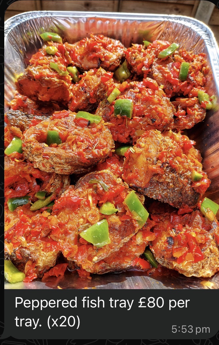 Peppered fish catering tray with 20 pieces, priced at £80 per tray
