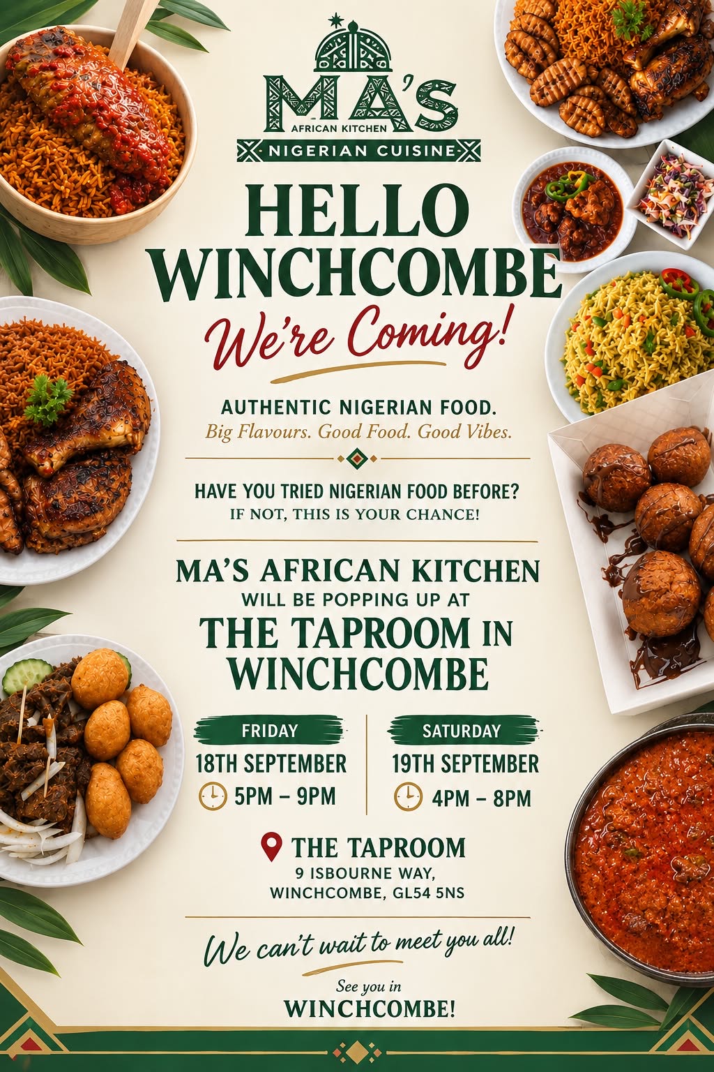 Ma's African Kitchen pop-up at The Taproom in Winchcombe: Friday 18th and Saturday 19th September, plus 23rd and 24th October