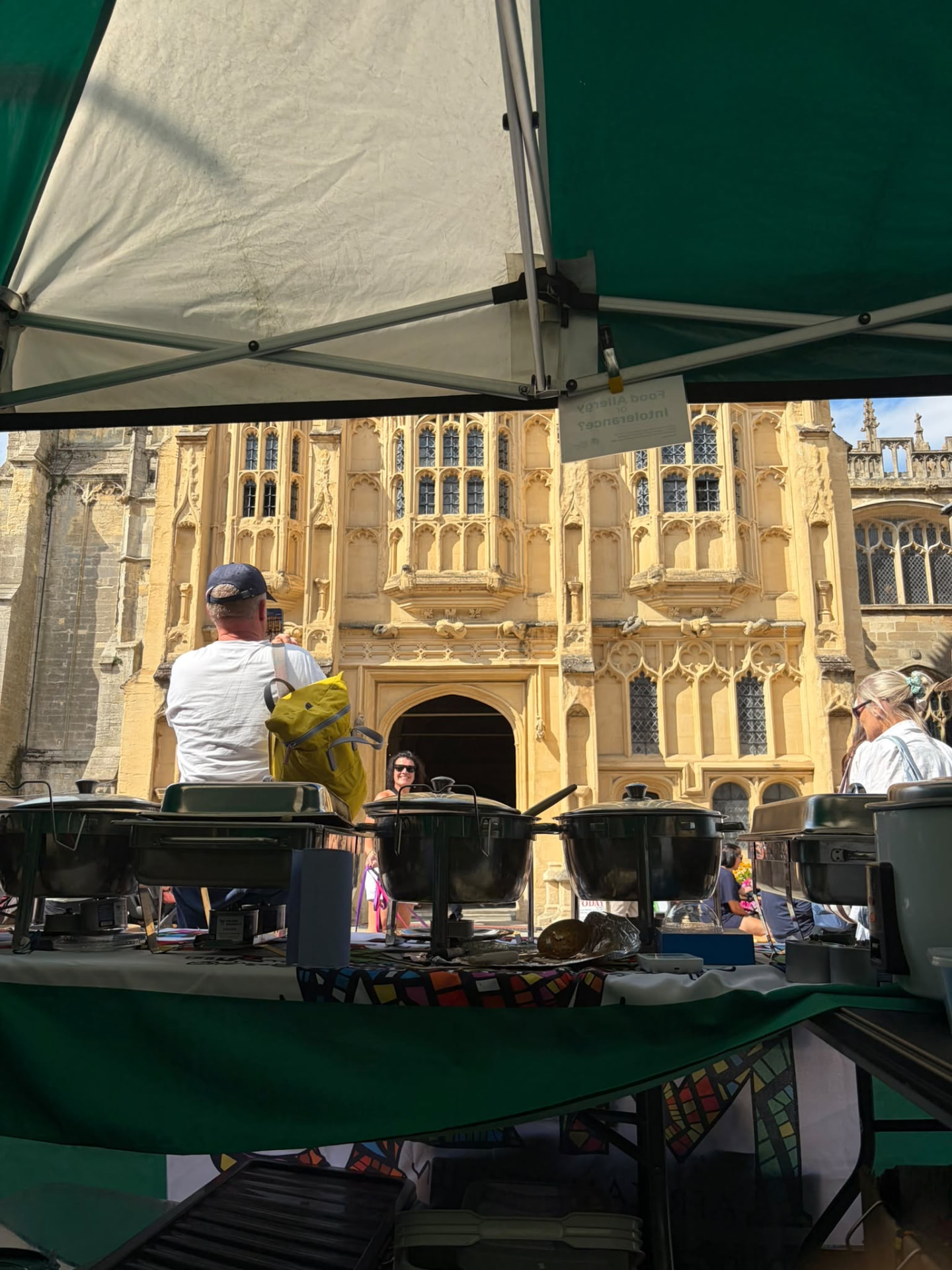 Catering warmers set up at an outdoor event by the cathedral