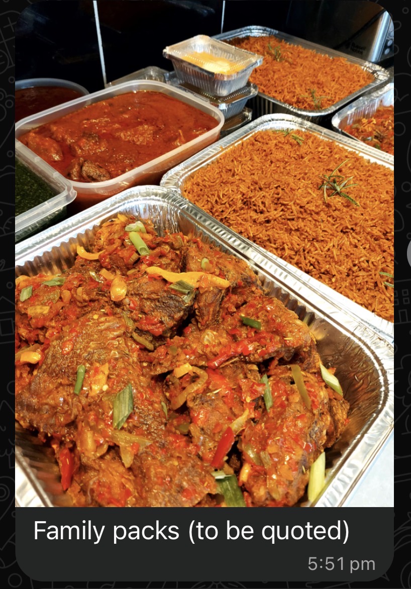 Family catering pack with jollof rice, stew and peppered fish, quoted to order