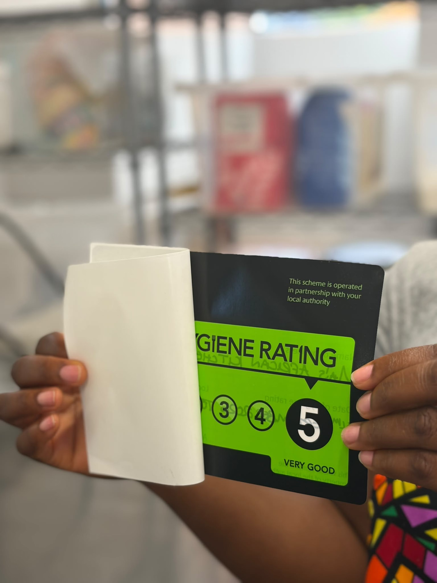 Food hygiene rating certificate showing 5 stars, very good