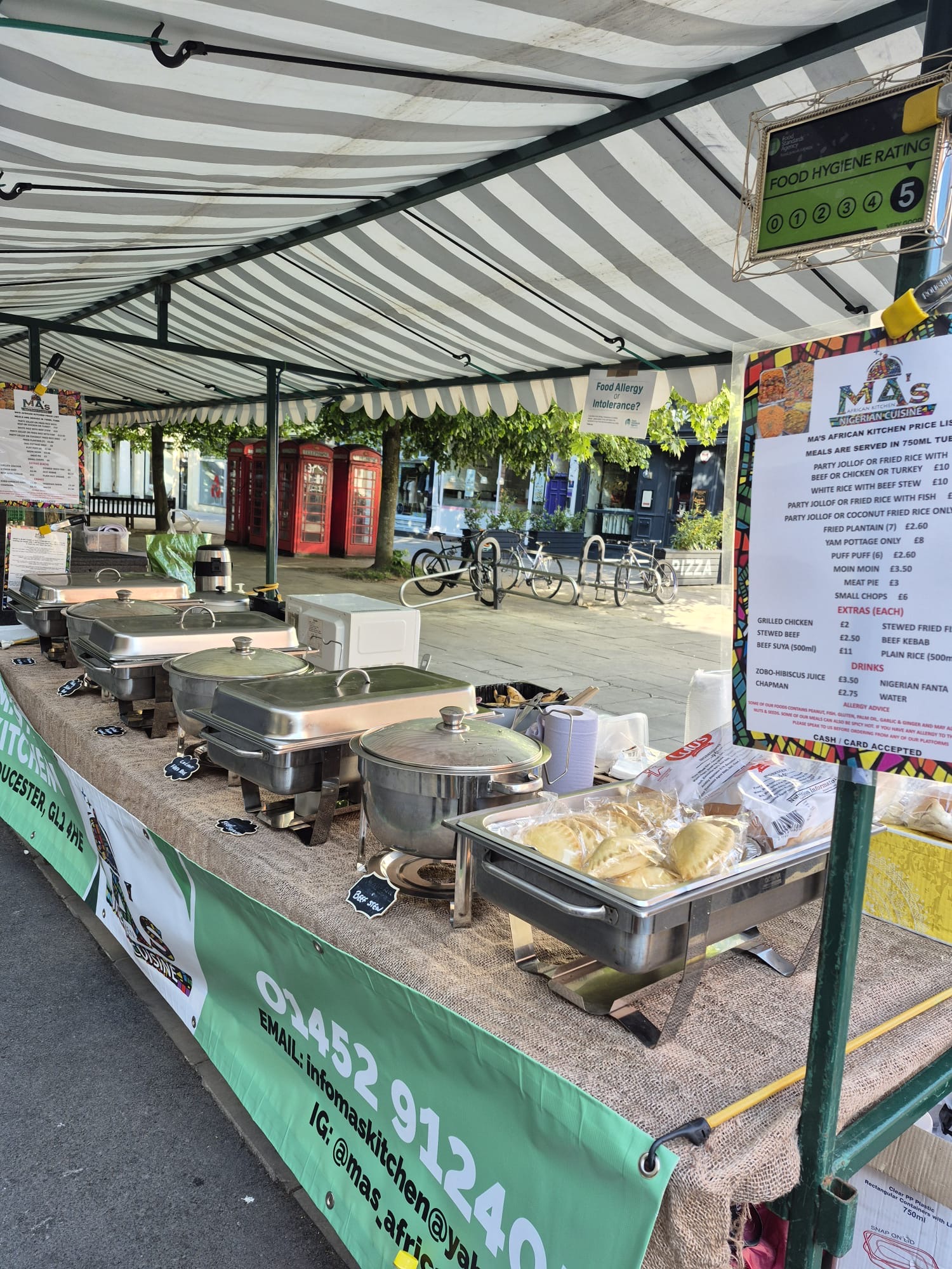 Ma's African Kitchen market catering stall with hot serving trays