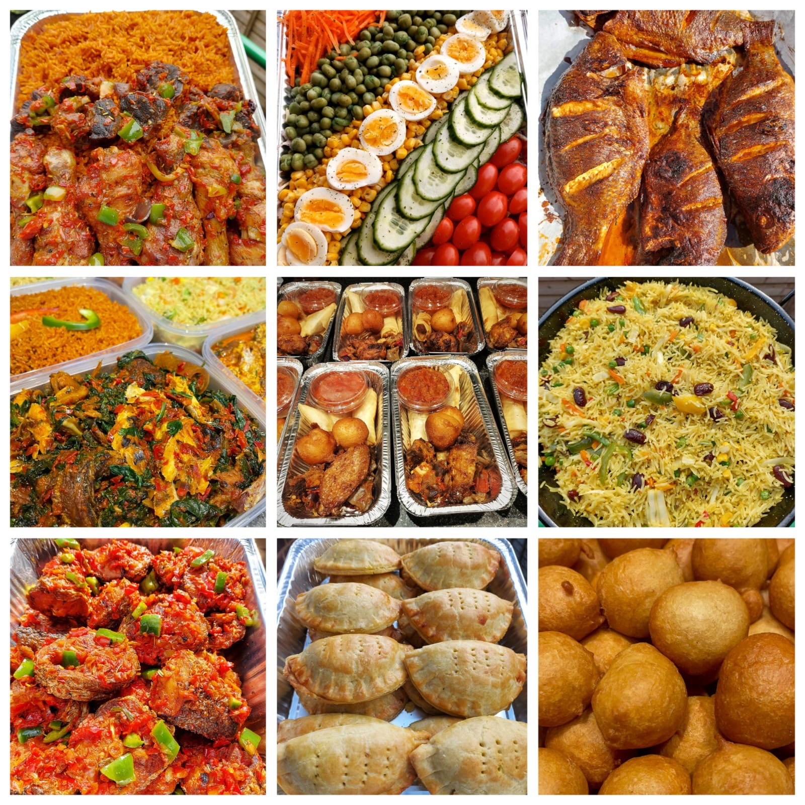 Collage of catering trays: party jollof, salad, grilled fish, fried rice, meat pies and puff puff